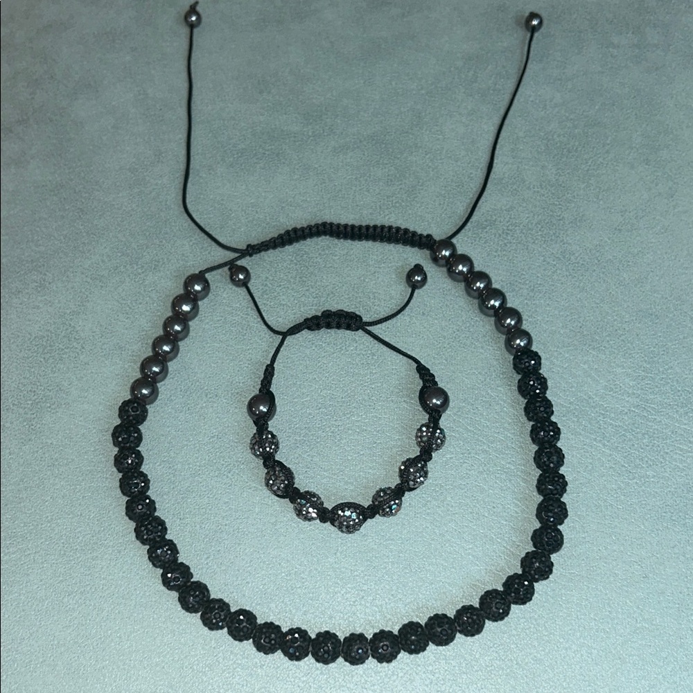 Beautiful Adjustable Unisex Black and Silver Beaded Necklace and Bracelet Set